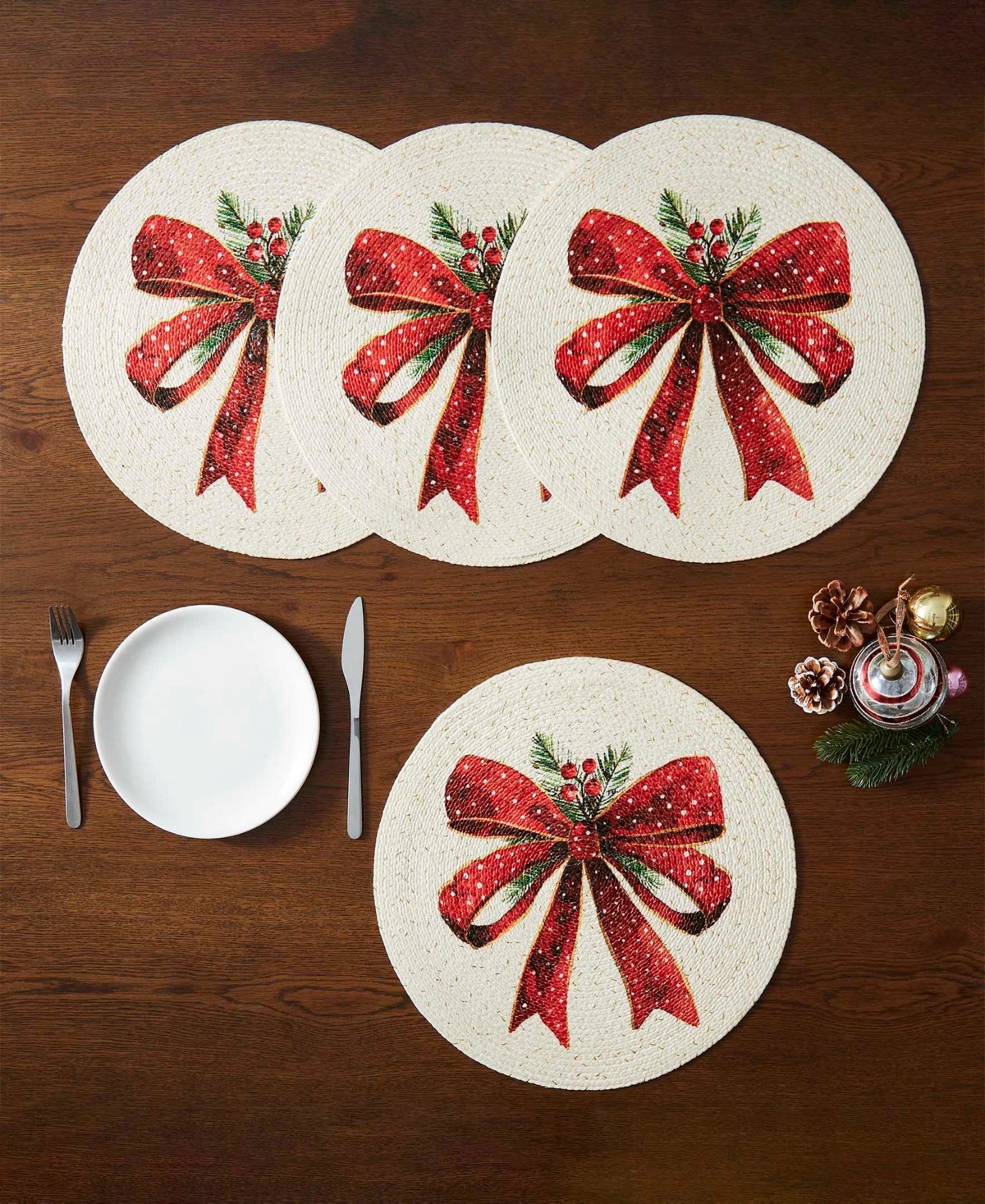 Avanti Christmas Ribbon Round Braided Placemats, Set of 4