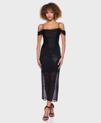 Juniors' Fitted Sequin Back-Slit Midi Skirt