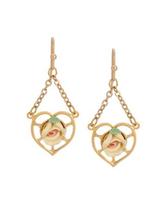 Gold Tone Heart Porcelain Rose Earrings