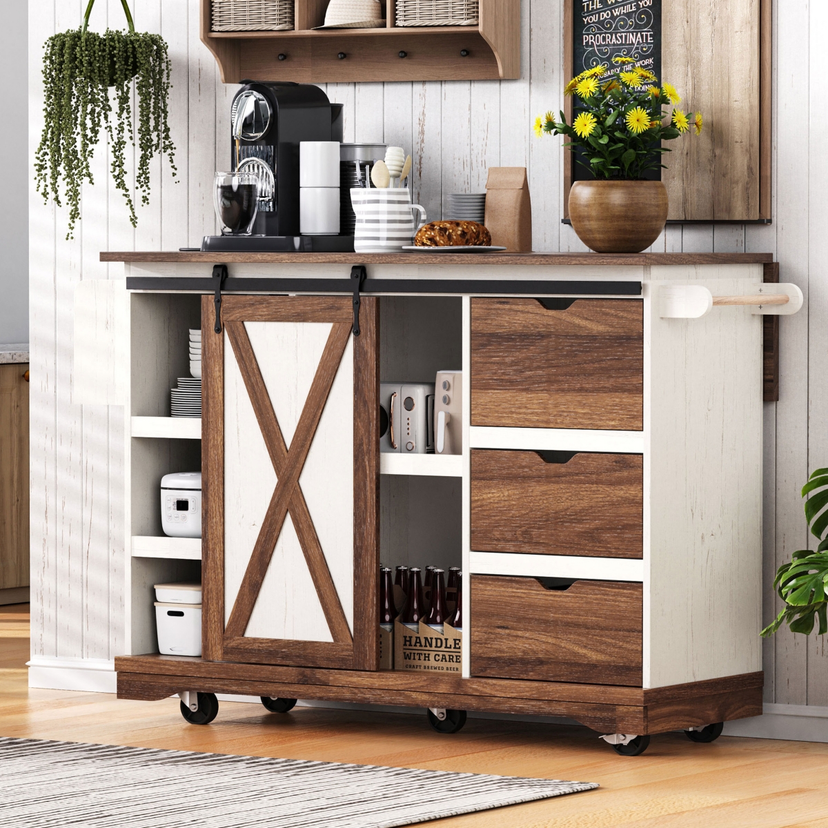 Casainc 55.5" Kitchen Storage Island With Drop Leaf, Barn Door, Power Outlet, Spice Rack (No Stools)