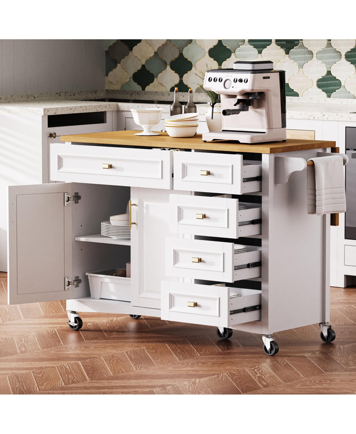 Casainc 52" Rolling Kitchen Island with Drop Leaf, Spice Rack, Towel Rack, 2 Doors, 5 Drawers, Adjustable Shelf (No Stools)