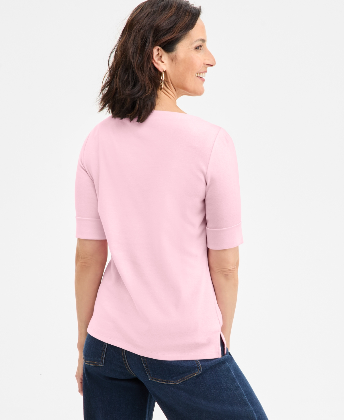 Style & Co Women's Boat-neck Elbow Sleeve Cotton Top, Exclusively At Macy's In Pink