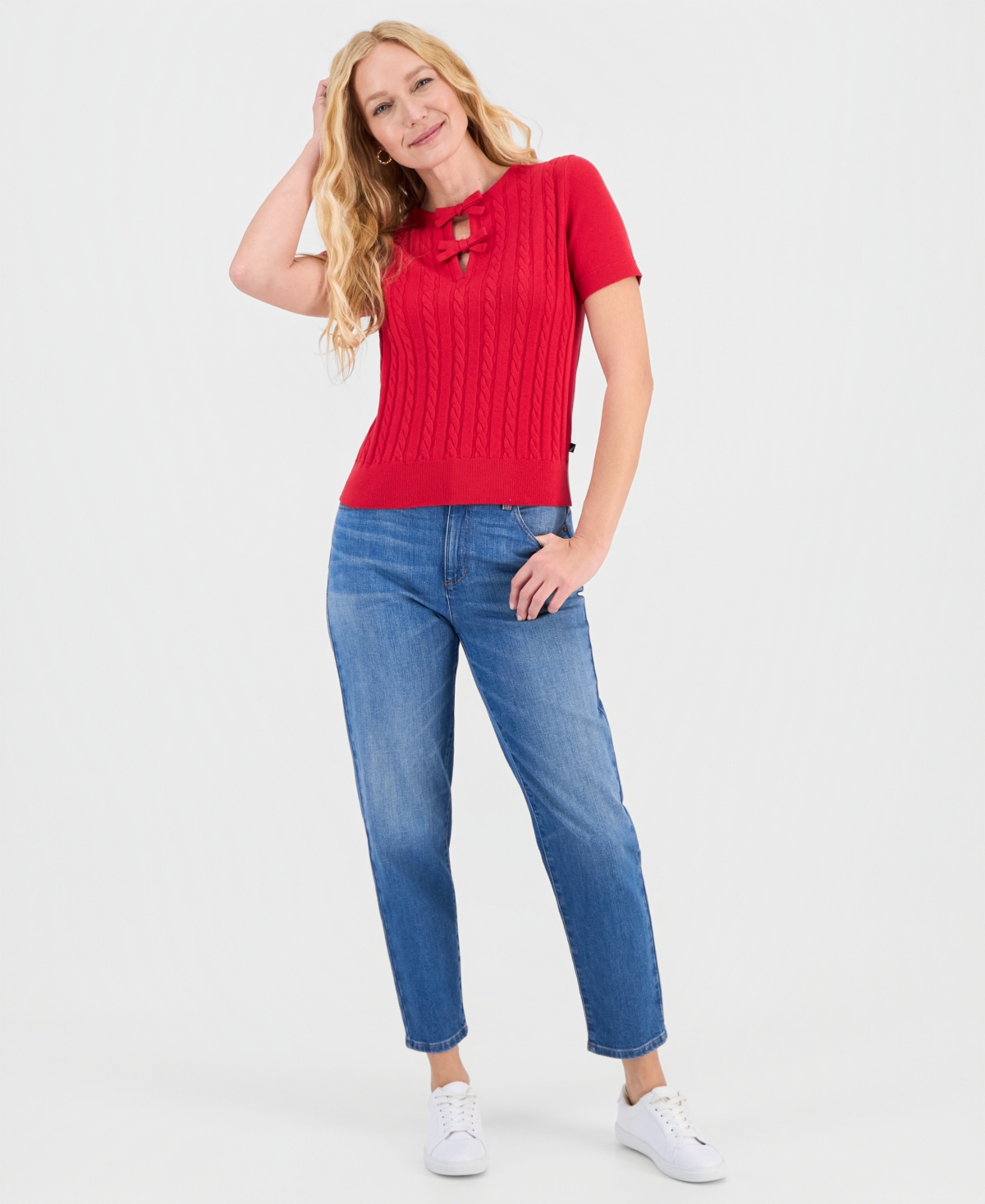 Nautica Jeans Women's Bow Cable-Knit Short-Sleeve Sweater