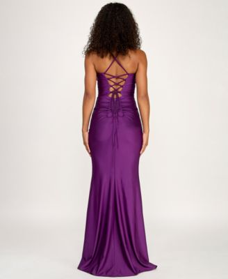 Juniors' Pleated Twist Front Satin Gown