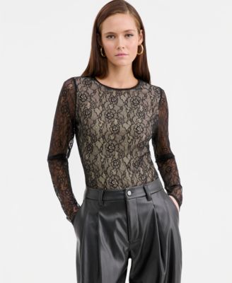 Bar III - Women's Long-Sleeve Lace Thong Bodysuit