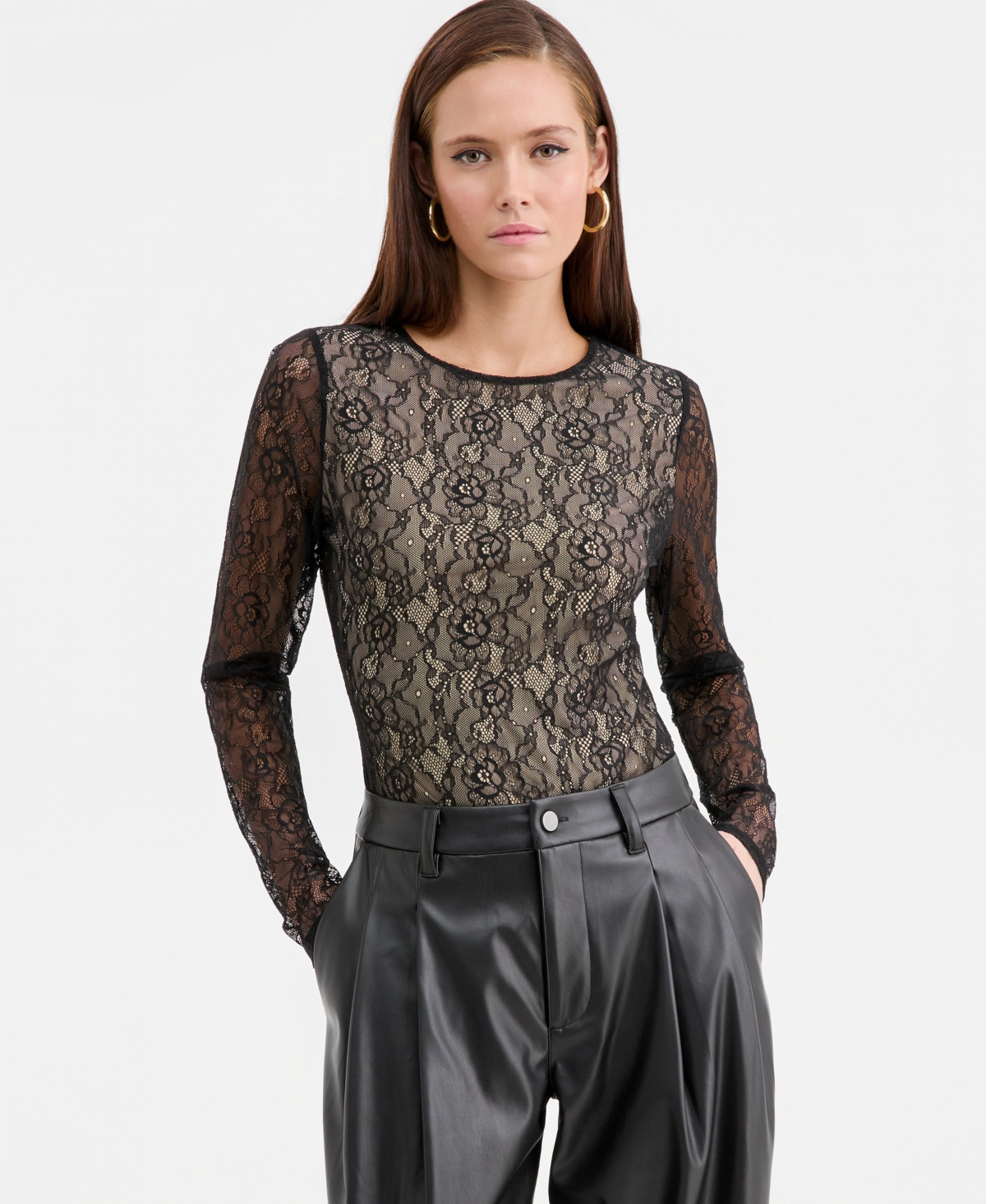 Bar Iii Women's Long-Sleeve Lace Thong Bodysuit, Macy's Exclusive