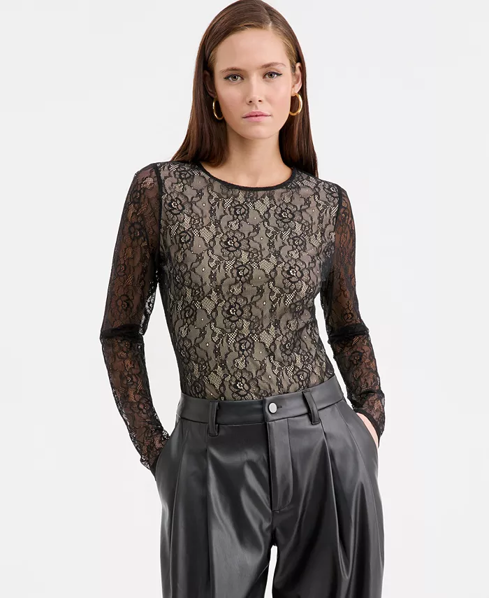 Women's Long-Sleeve Lace Thong Bodysuit