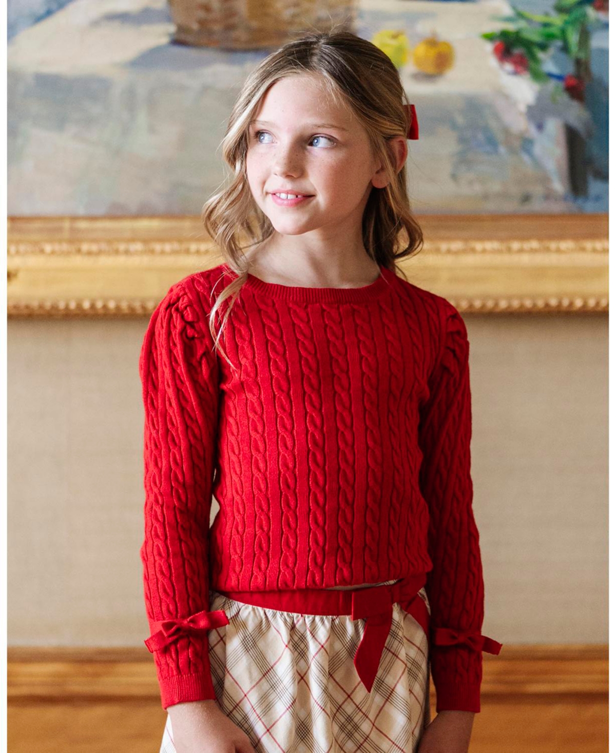 Hope & Henry Girls Organic Long Puff Sleeve Sweater with Bow Detail