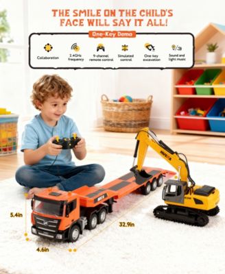 1:24 RC Semi Truck and Excavator Set, 9-Channel Remote Control Construction Vehicles, Detachable Trailer, Dual 2.4GHz Controllers, Gift for Kids 8+