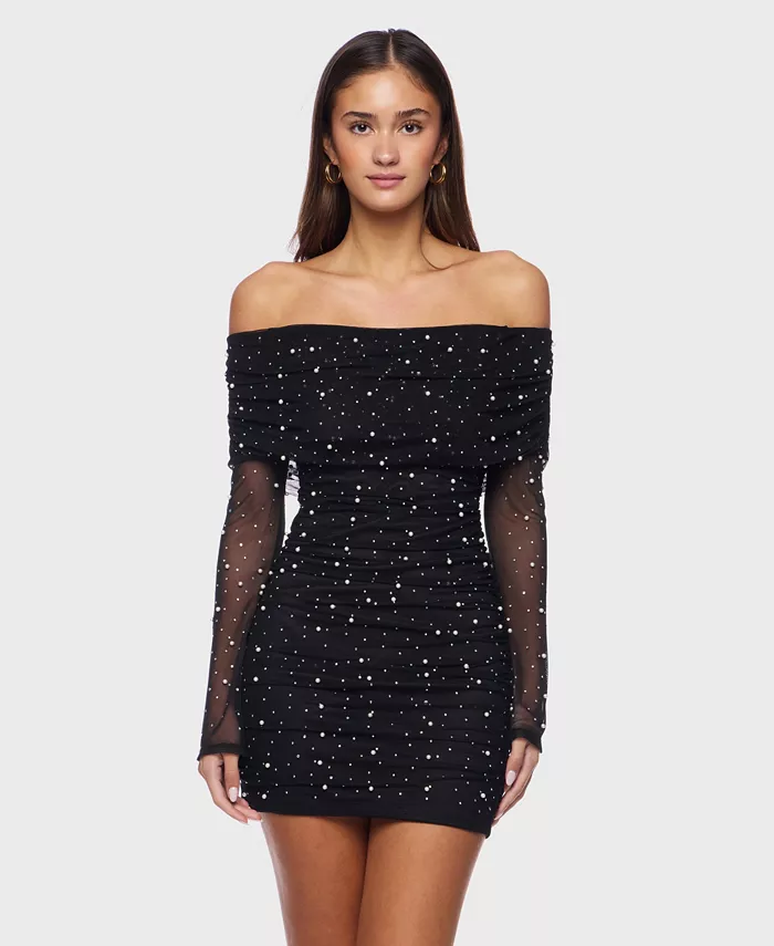 Juniors Off-the-Shoulder Short Dress with Long Sleeves and Pearl Detail