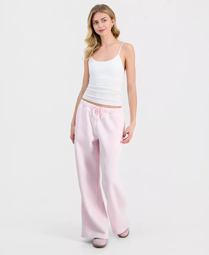 Juniors' Floral Piped Fleece Wide-Leg Pants