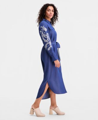 Women's Embroidered-Sleeve Denim Shirtdress