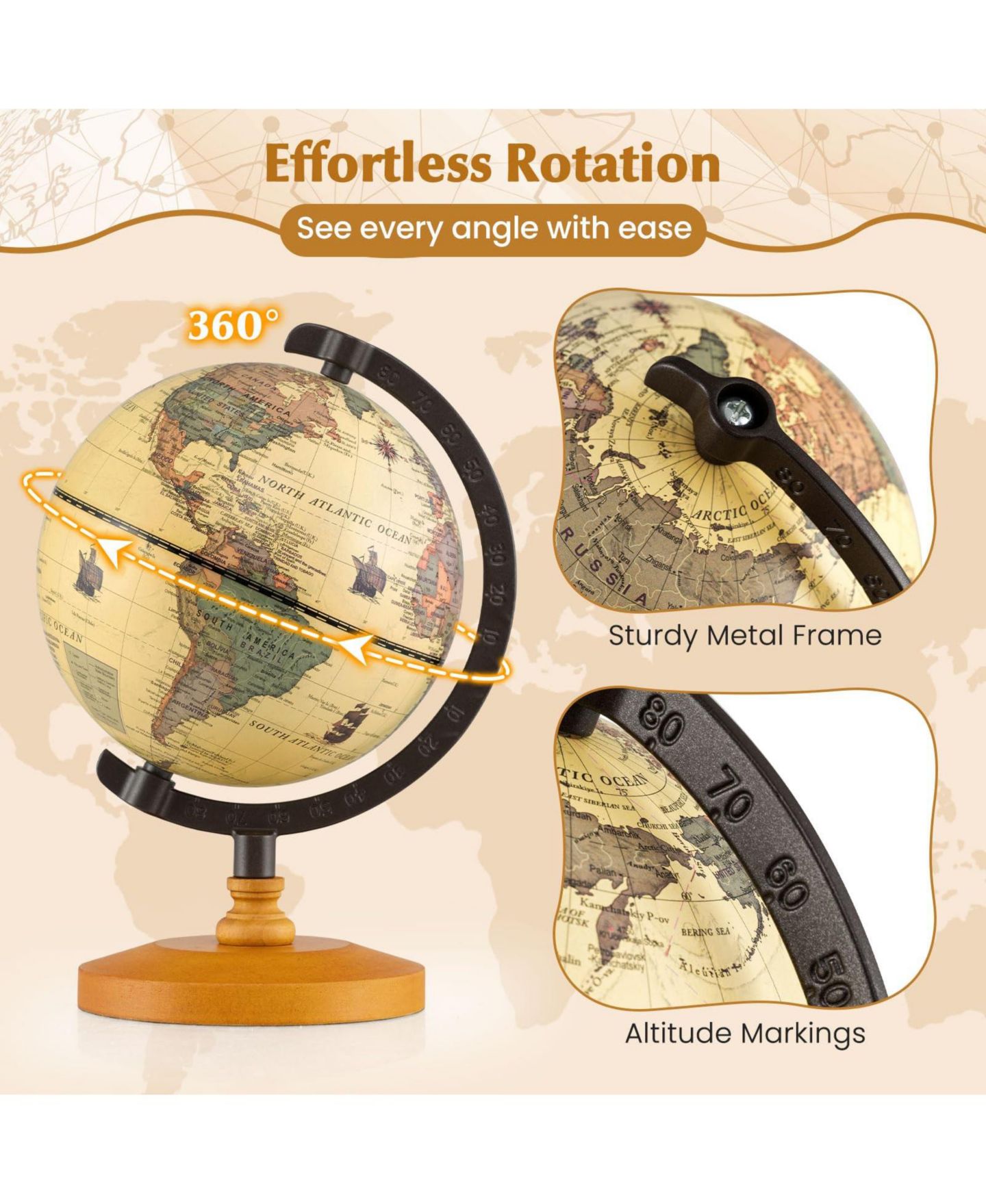 Детская игрушка Mecale Antique Rotating Globe, Geography Learning, Ages 5+, цвет: Коричневый — фото 5