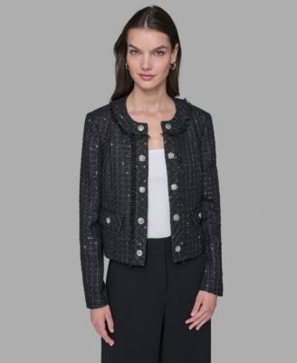 KARL LAGERFELD PARIS - Women's Cropped Collarless Tweed Jacket