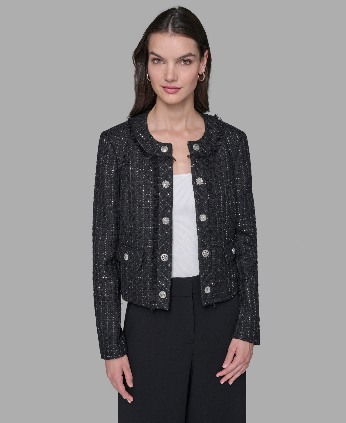 Karl Lagerfeld Women's Cropped Collarless Tweed Jacket In Black