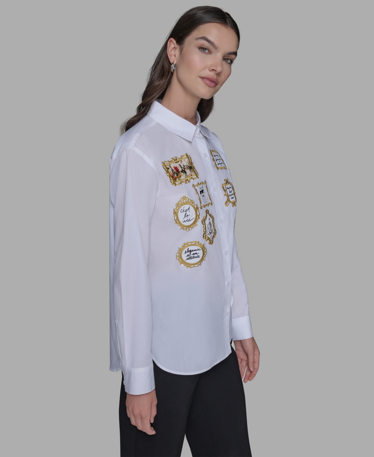 Karl Lagerfeld Women's Portrait Button Down Top In White