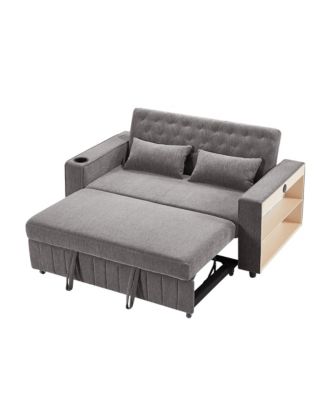 61.4" Linen Pull-Out Sofa Bed, Convertible Sleeper with Adjustable Backrest, Modern Design Loveseat for Living Room