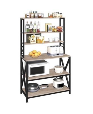 64.5"H 6-Tier Metal & Particleboard Wine Rack, 10 Hooks, Power Outlets, Adjustable Feet Rustic Baker s Rack