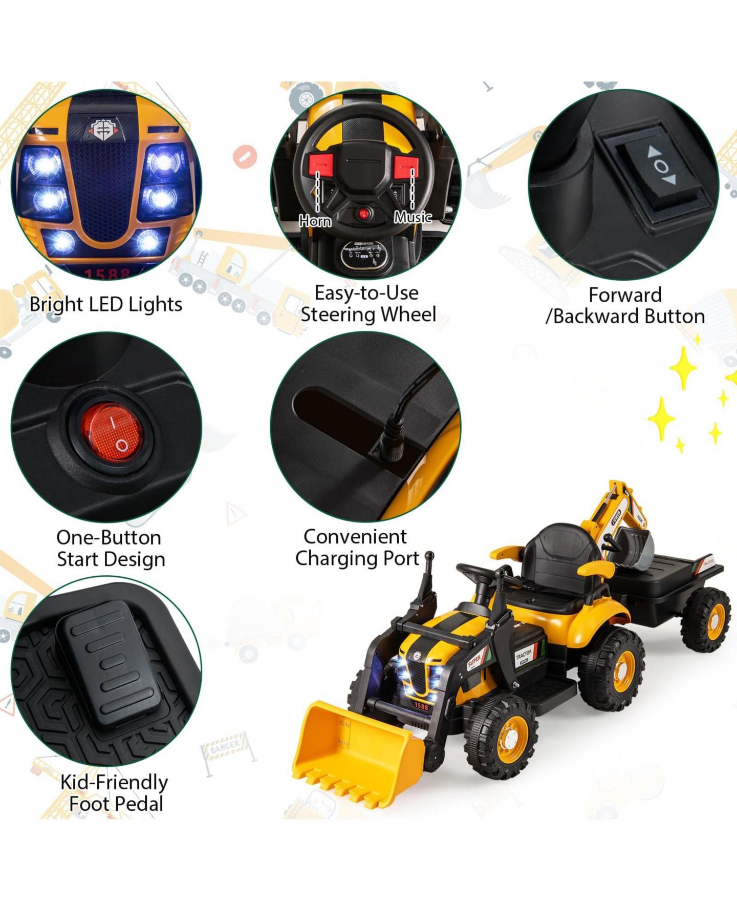 Детская игрушка Mecale 4-in-1 12V Ride-On Tractor with Remote Control, Ages 3–8, цвет: Жёлтый — фото 6