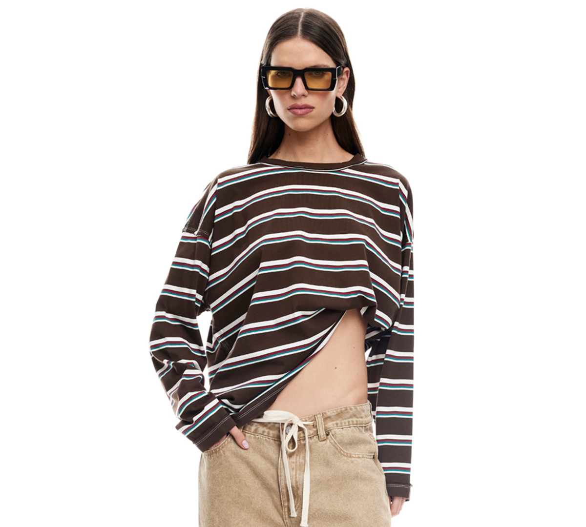 Lioness Horizon Asymmetric Long Sleeve Top In Brown