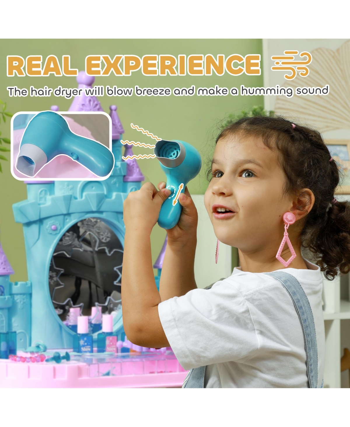 Qaba Kids Vanity Set with Mirror and Stool, Light, Music, Castle Design