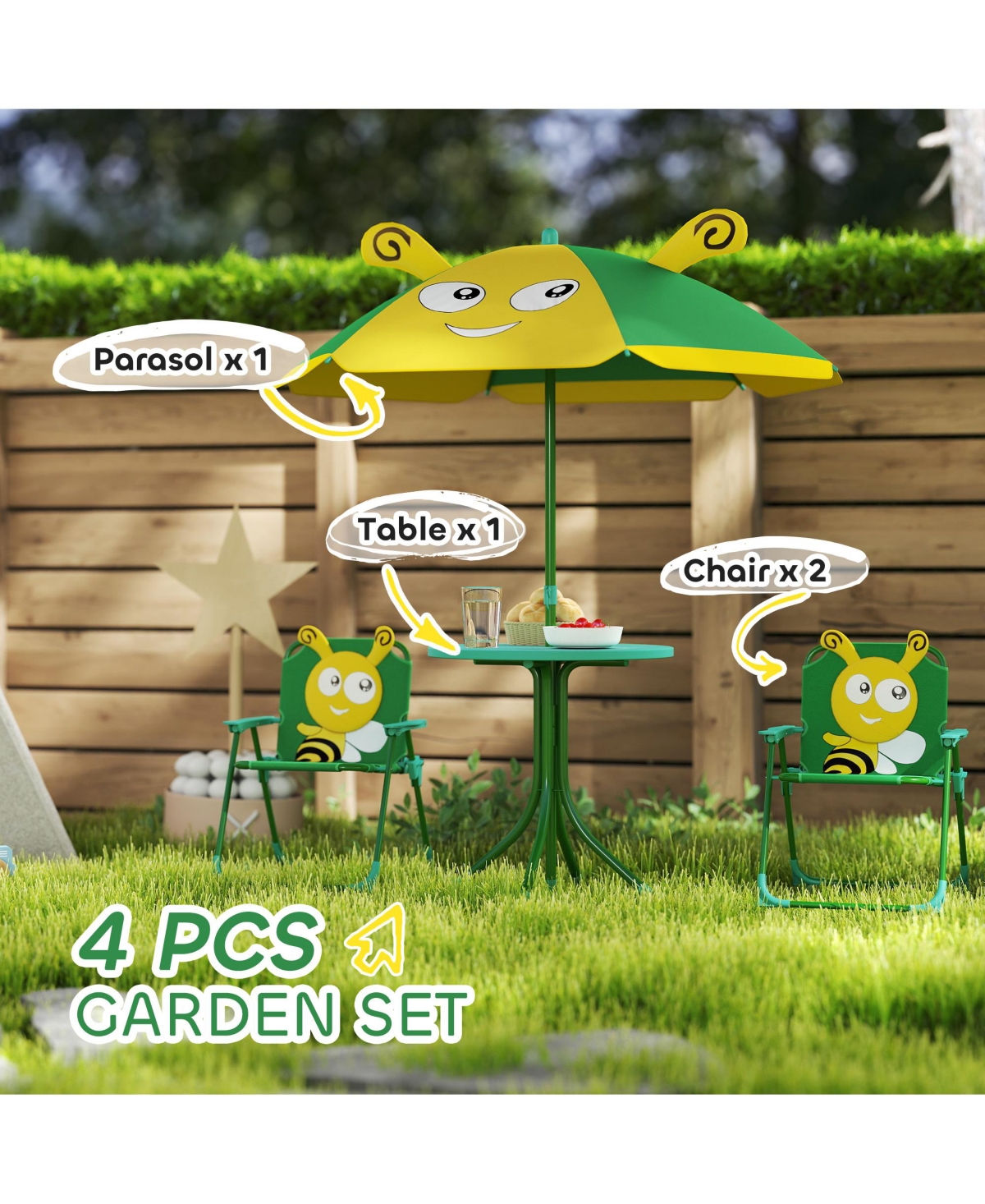 Qaba Kids Picnic Table and Chair Set with Height Adjustable Umbrella,