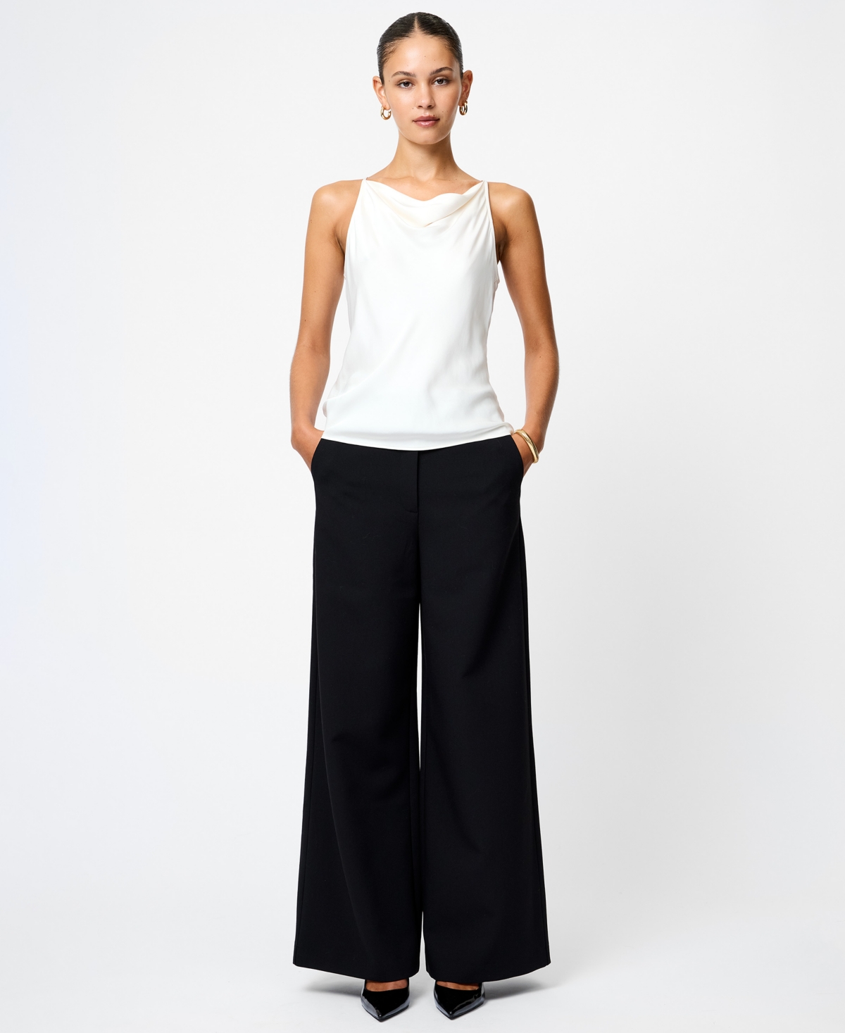 French Connection Ennis Satin Cowl Neck Top In White