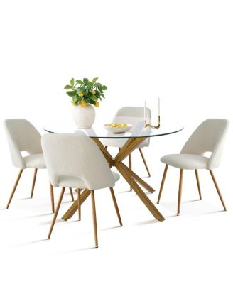 5-Piece Modern Round Glass Mid-Century Table & Upholstered Chairs Dining Set