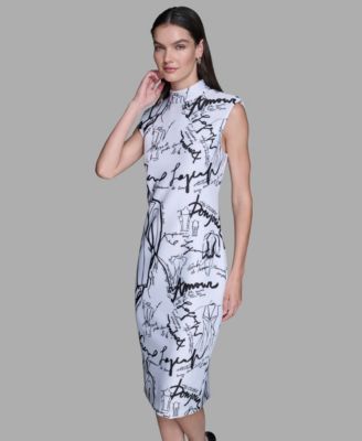 Women's Printed Paris Print Mock Neck Scuba Sheath Dress