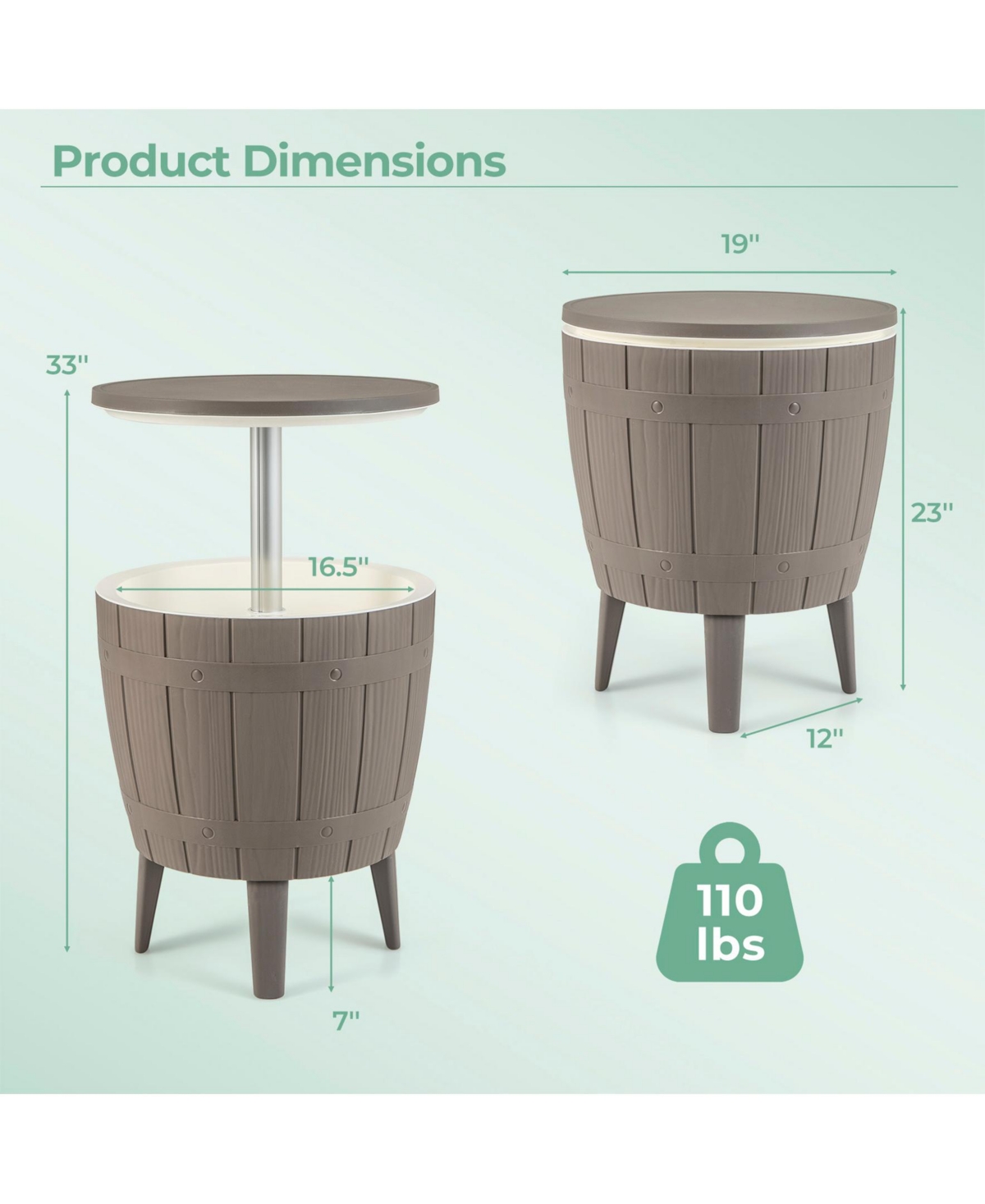 Sugift 10 Gallon Cooler Bar Table Outdoor Coffee Table Ice Bucket with Telescopic Tabletop for Beer and Wine-Brown