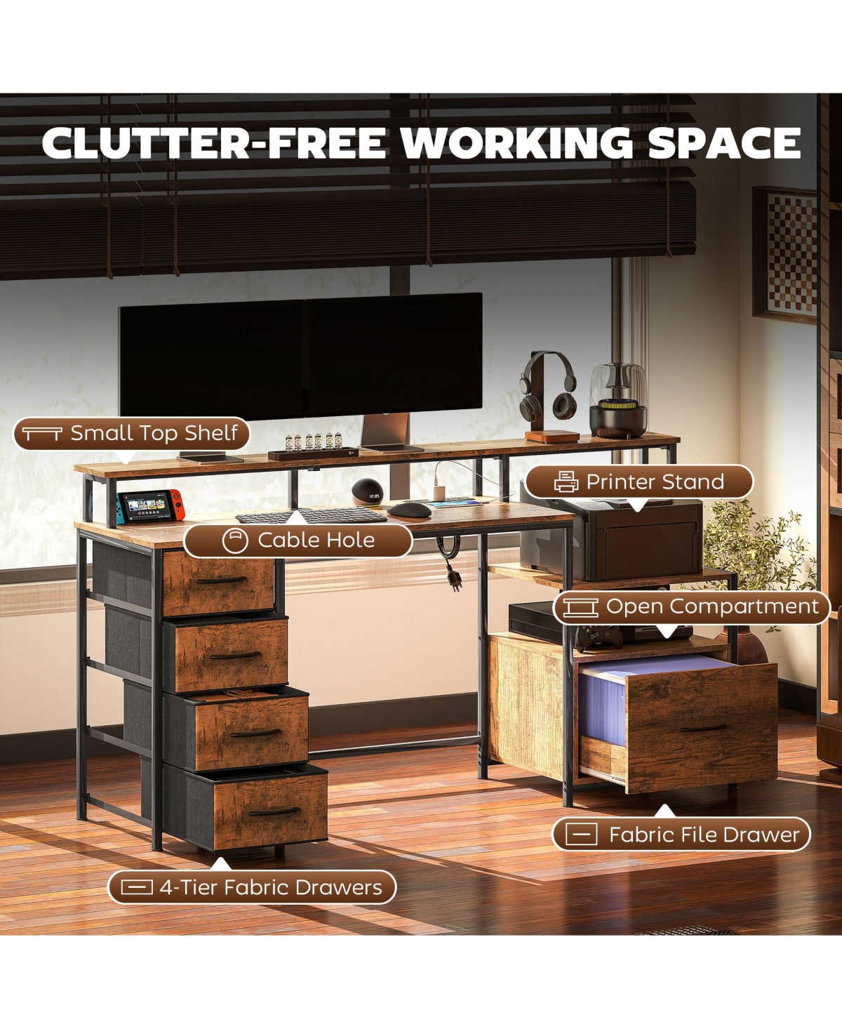 67" Computer Desk Home Office Desk with File Cabinet Lights