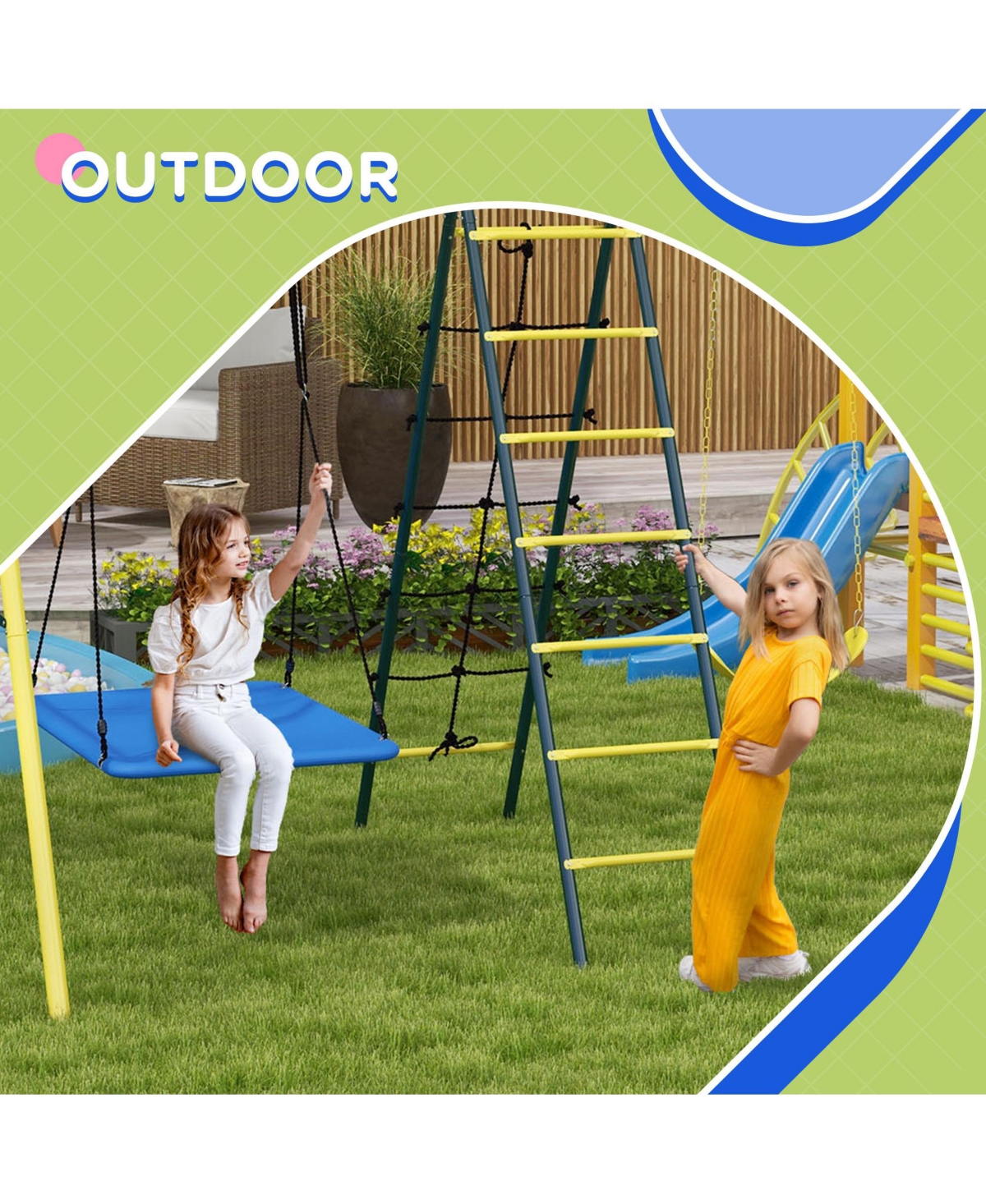 Outsunny Metal Swing Set for Backyard, 5 in 1 Design for Ages 3-8, Yellow