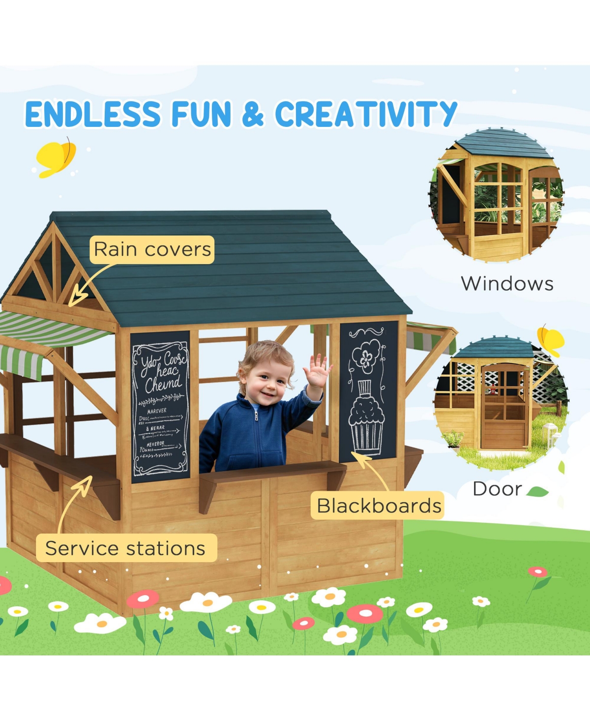 Qaba Outdoor Playhouse, Foldable Wooden Kids Cottage,