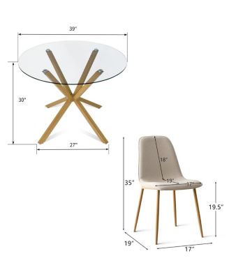5-Piece Oak Finish Modern Round Glass Dining Set