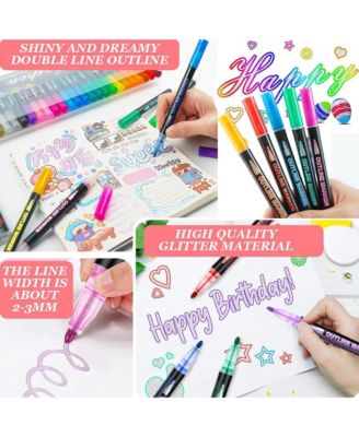 24 Colors Marker Pen for Highlight, Double Line Self-Outline Metallic Glitter Pens for Card, Scrapbook, Craft Arts Supplies