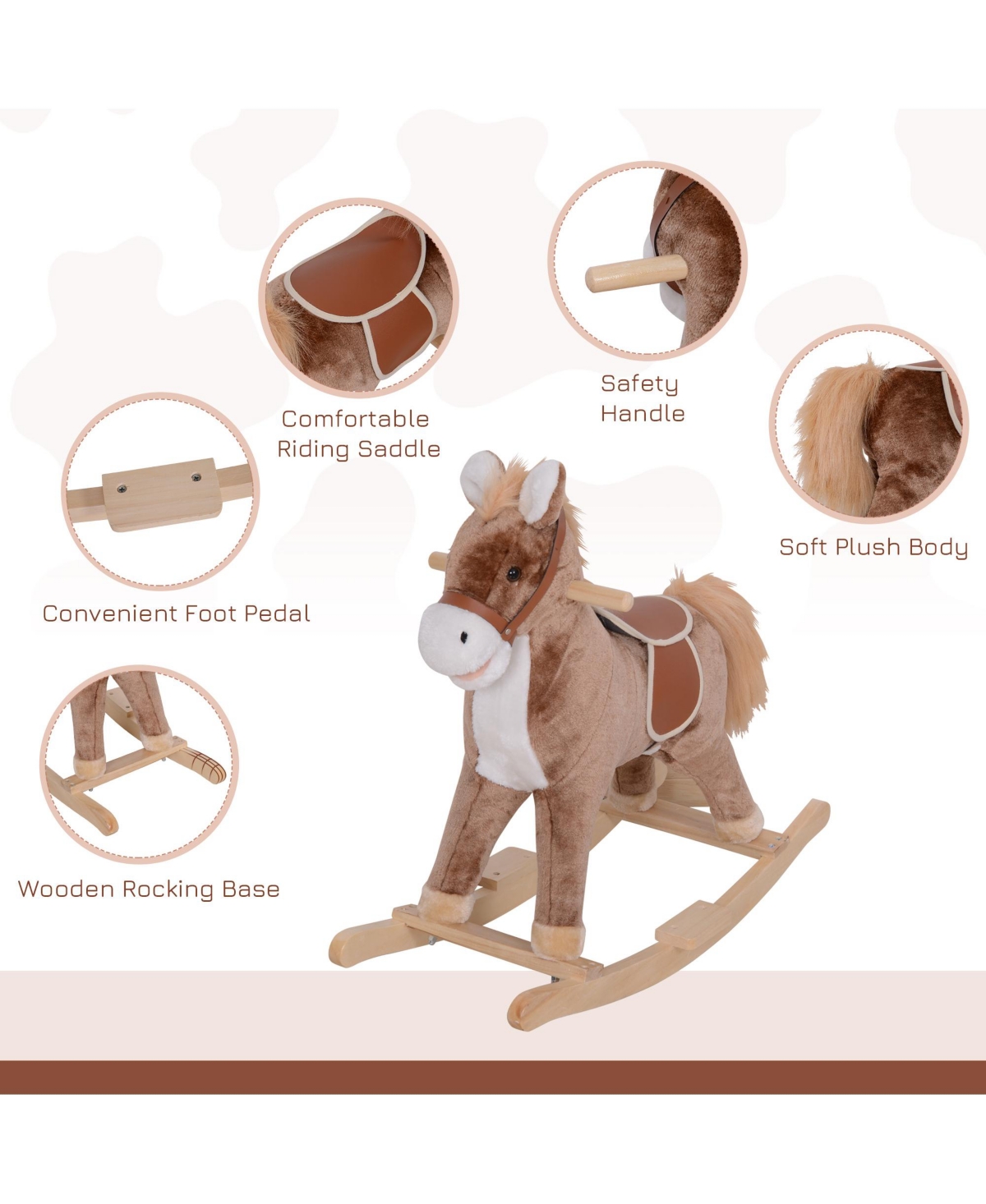 Qaba Kids Rocking Horse with Soft Plush Body & Wooden Base for Years 3+