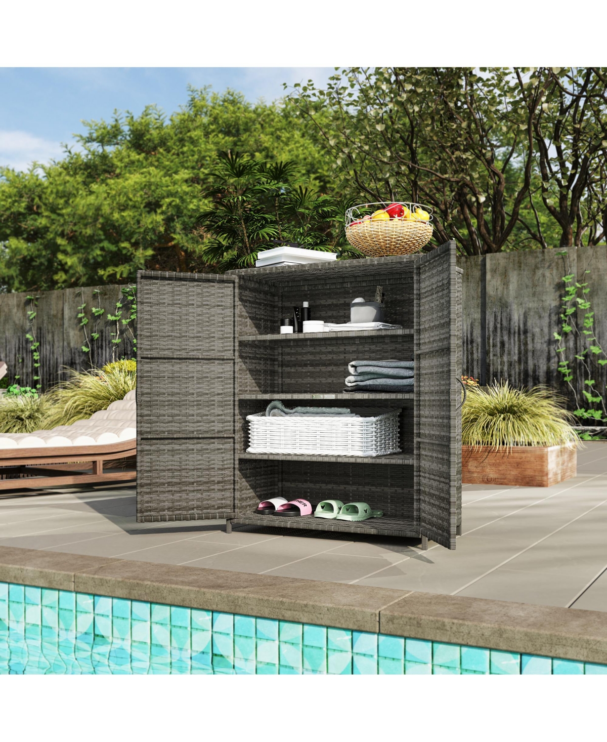 Outsunny Wicker Outdoor Storage Cabinet with Shelves, 2 Doors, Dark