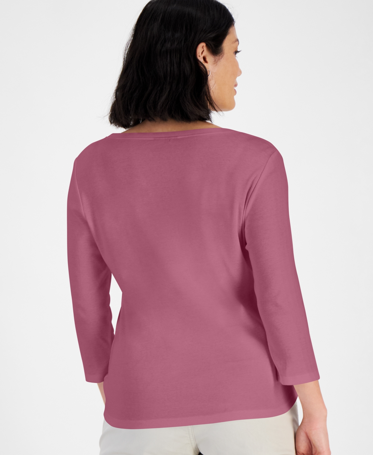 Style & Co Petite Cotton Knit Henley 3/4-sleeve Top, Created For Macy's In Pink