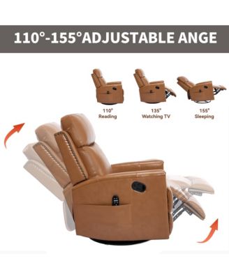 Genuine Leather Heat Massage Manual Recliner Chair with Rocker and Swivel for Living Room