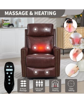 Genuine Leather Heat Massage Manual Recliner Chair with Rocker and Swivel for Living Room