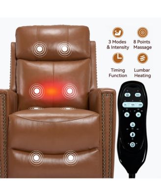 Genuine Leather Heat Massage Manual Recliner Chair with Rocker and Swivel for Living Room