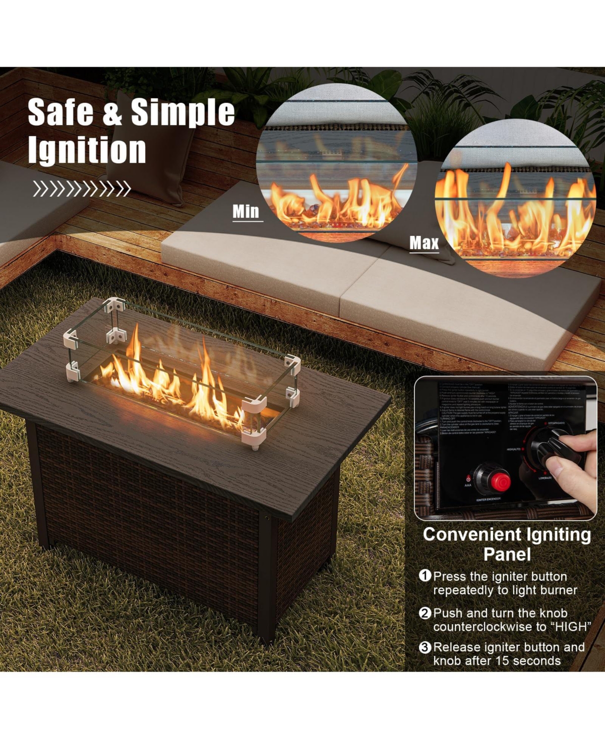 Mecale 50000 Btu 2 Inch Ropane Gas Fire Pit Table with Wind Guard and Glass Rocks