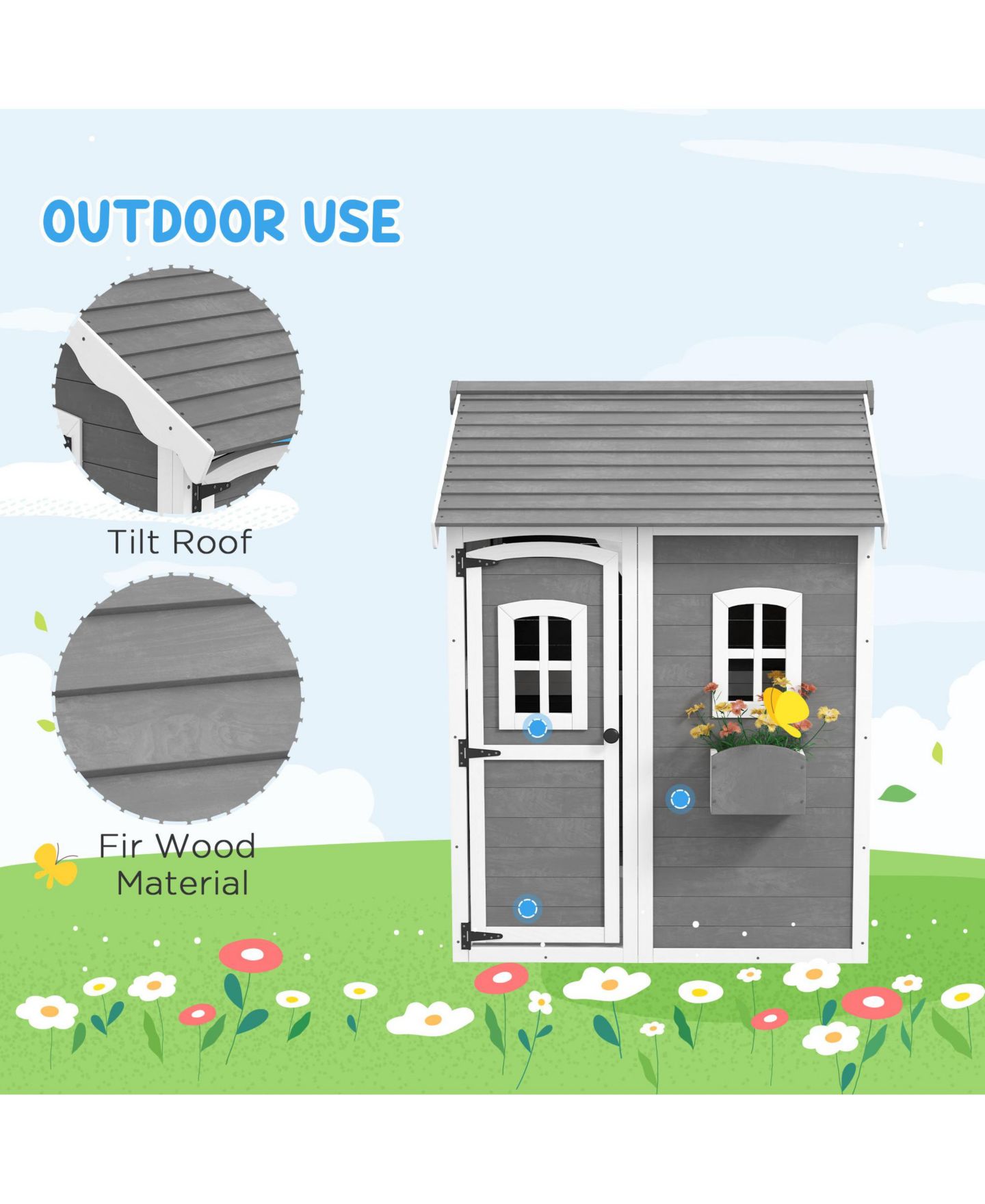Детская игрушка Outsunny Wooden Cottage Playhouse with Floor, Ages 3-8, цвет: Серый — фото 4