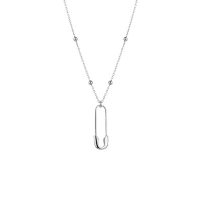 Sterling Silver Safety Pin Necklace With Beaded Satellite Chain