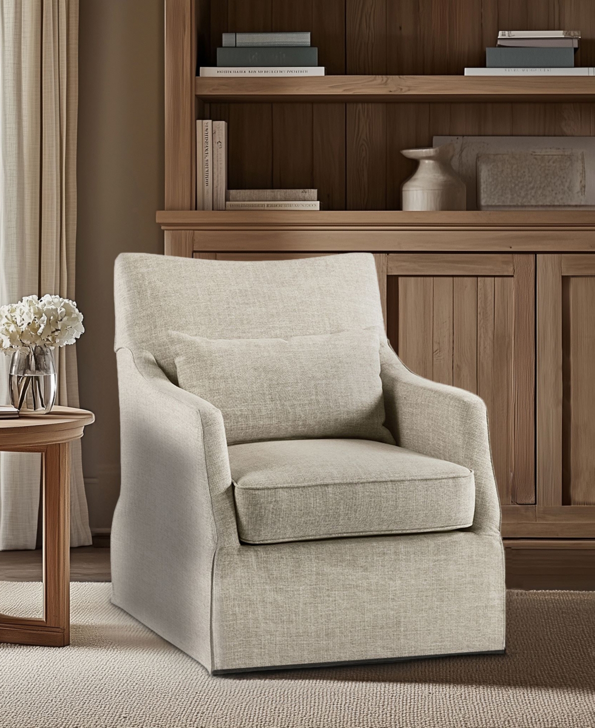 Martha Stewart Collection London 28"W Upholstered Skirted Swivel Armchair with Lumbar Pillow