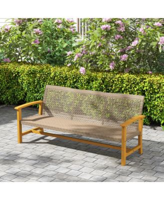 3-Seat Wicker Outdoor Couch Patio Sofa with Acacia Wood Armrests
