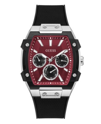 Men's Silver-Tone Black Silicone Multi-Function Watch, 44mm