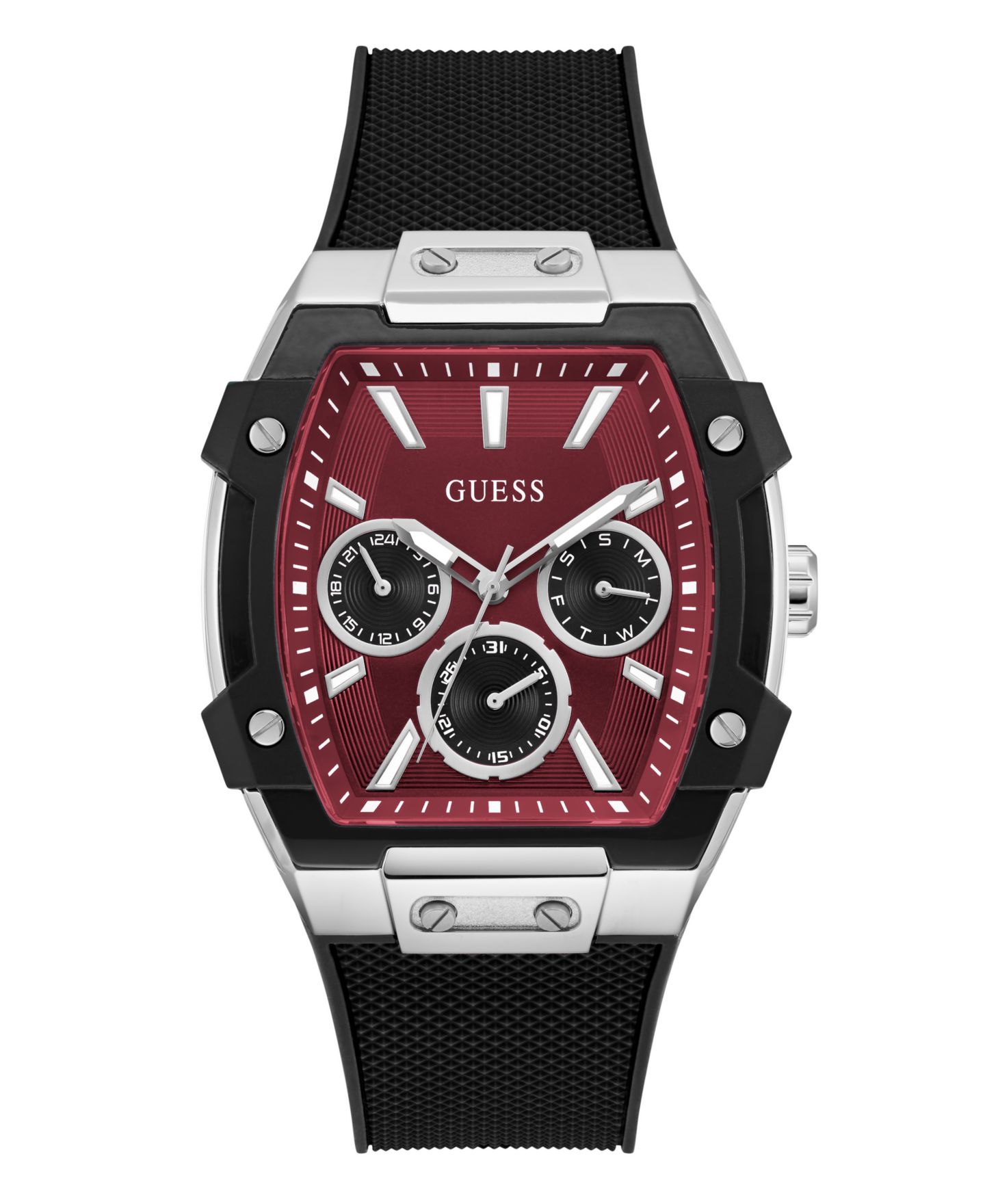Мужские часы GUESS Silver-Tone Black Silicone Multi-Function Watch, 44mm — фото 1