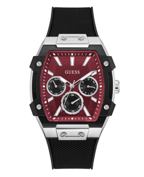 Мужские часы GUESS Silver-Tone Black Silicone Multi-Function Watch, 44mm