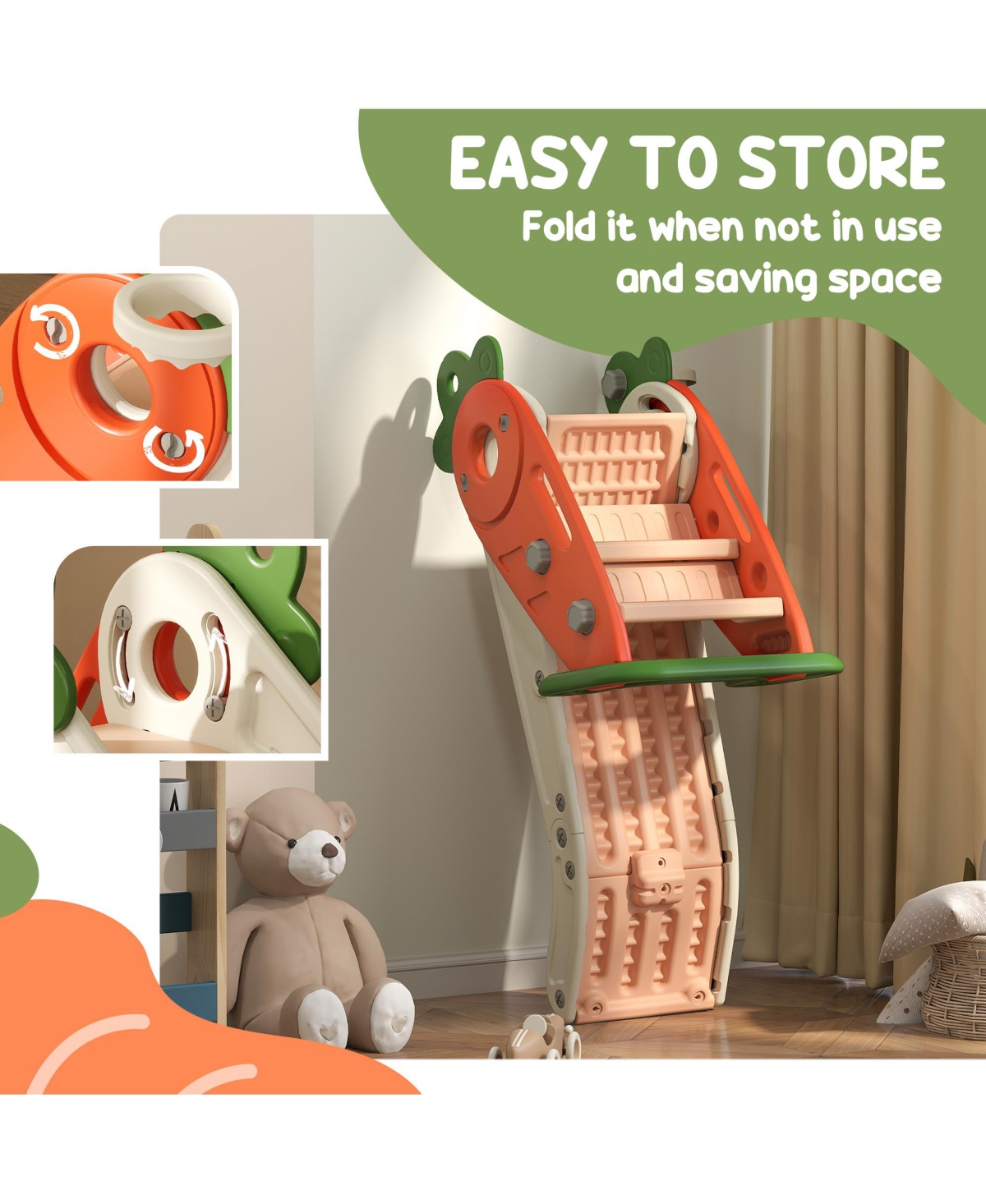 Qaba Foldable 3 in 1 Slide for Toddlers 1-3 Years with Basketball Hoop